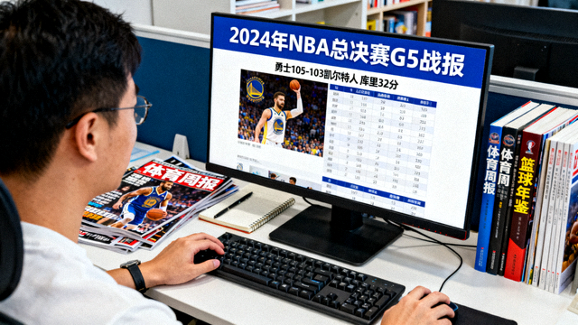 体育资讯编辑场景，屏幕上显示赛事新闻与数据内容