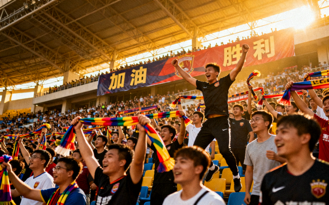 足球比赛看台上球迷挥舞围巾庆祝，现场气氛热烈